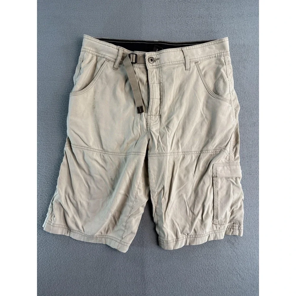 PrAna Zion Shorts Mens M Beige Cargo Canvas Belted 11 Inseam Hiking Casual